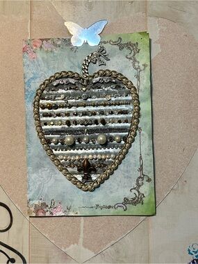 Hand Crafted Gold and White Heart Wall Accent - Decorative Beaded Heart
